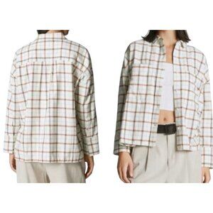 Everlane The Boxy Flannel Top~Size S~Tan Green Plaid Long Sleeve Shirt NWT L3 42